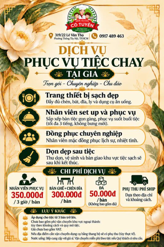 Dịch vụ phục vụ tiệc chay tại gia – Mâm Cỗ Chay Cô Tuyền TP.HCM
