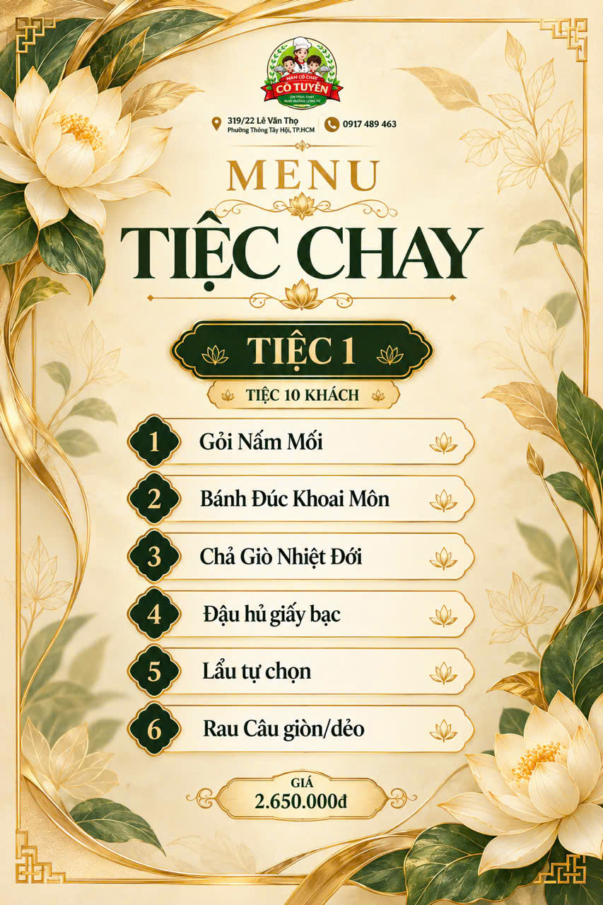 Menu Tiệc chay 1 10 khách – Mâm Cỗ Chay Cô Tuyền TP.HCM