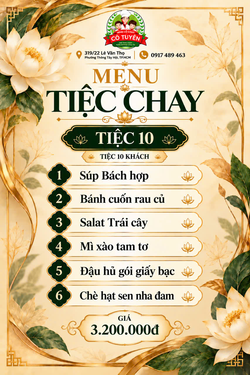 Menu Tiệc chay 10 10 khách – Mâm Cỗ Chay Cô Tuyền TP.HCM